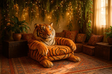 Tiger themed armchair in warm bohemian interior with hanging string lights