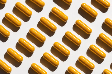 Turmeric capsules arranged diagonally on a white background create a geometric composition, casting subtle shadows that evoke natural medicine and dietary supplements