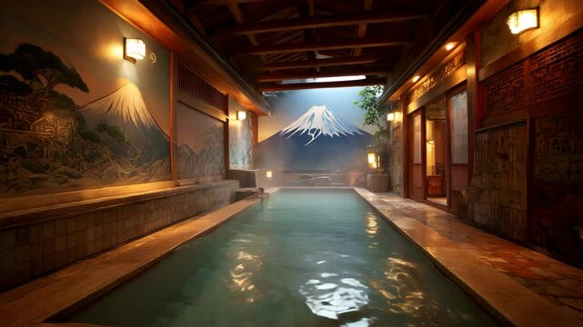 富士山壁画を配した木造天井の室内温泉大浴槽