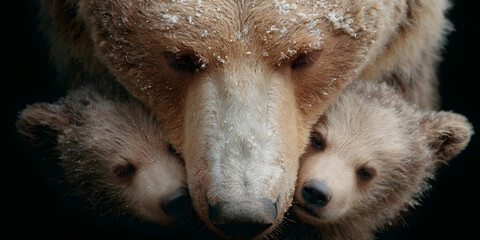 Mommy Bear's Embrace: A tender moment between a mother bear and her two cubs, their faces nestled together in a heartwarming display of maternal love and protection. 