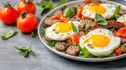 Delicious Plate of Eggs Tomatoes and Fresh Basil Showcasing Culinary Art
