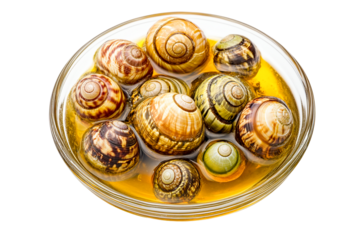 Close-up of snails in oil, isolated on transparent PNG, gourmet food photography, delicious appetizer, elegant presentation, overhead shot, glass bowl,
