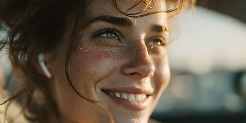 Radiant Ride: A young woman beams with a genuine smile, her eyes sparkling with happiness, as she enjoys a journey. Bathed in the warm embrace of natural light, she exudes positivity. 