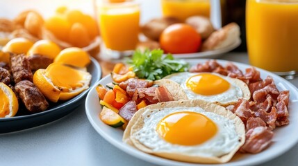 Delicious Breakfast Plate Featuring Eggs Bacon and Fresh Orange Juice