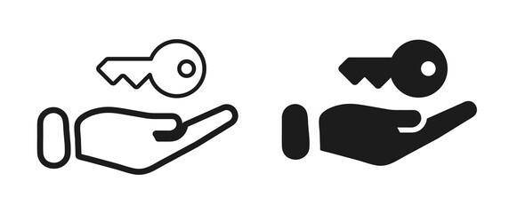 Hand holding a key icon, Key in hand, key from the house line and flat icons set, editable stroke isolated on white, linear vector outline illustration, symbol logo design style
