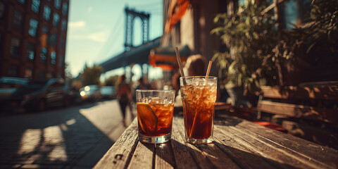 Two Cuba Libres on a Sunny Day: Two refreshing Cuba Libre cocktails sit on a rustic wooden table, bathed in golden sunlight.