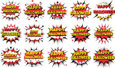 Fifteen Happy Halloween Comic Book Speech Bubbles, Pop Art Style