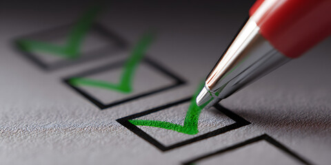 Checklist Completion: A close-up view of a pen marking a checklist, showcasing the meticulous process of ticking off each task with meticulous precision. Emphasizing completion, goals, and efficiency.