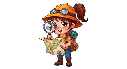 Cartoon girl explorer with backpack, magnifying glass, and adventure map. Curious and brave child character on white background.
