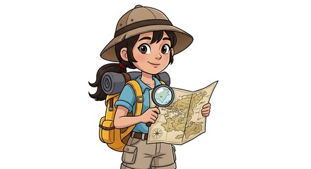 Cartoon girl explorer with backpack, magnifying glass, and adventure map. Curious and brave child character on white background.