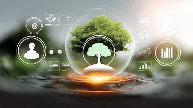 Innovative concept of sustainable development with tree representing environmental protection and digital technology