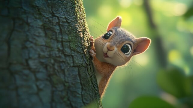 Adorable cartoon squirrel peeking from behind a tree trunk in a sunlit forest.