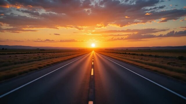 Long road towards sunset under a dramatic sky, a journey through open country