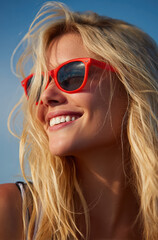 Closeup portrait of a smiling young woman with blonde hair in red sunglasses on summer vacation. 