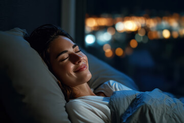 Attractive young woman sleeping peacefully in her bedroom at night, city lights background. 