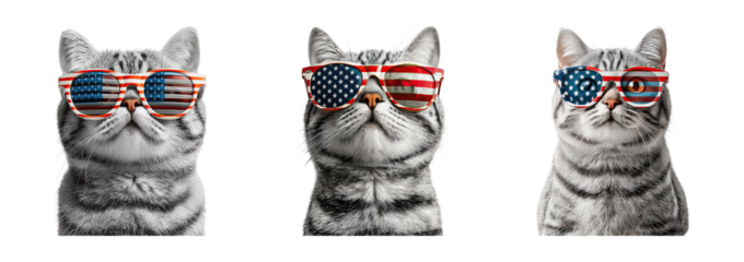 Patriotic American Short Hair cats in costumes wear American flag sunglasses showing playful and festive spirit perfect for national celebrations and holidays