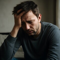 Emotionally distressed man sitting indoors with his hand on head, showing signs of anxiety, sadness, or depression. Low light mood shot.