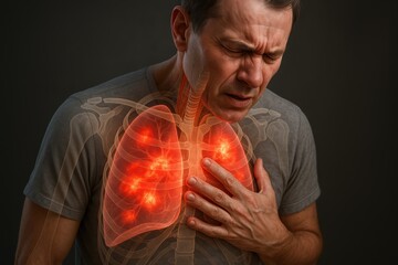 A person embodies the struggle against internal suffering, their expression mirroring the pain, with the visual emphasis on the lungs, the focal point of the depicted illness.