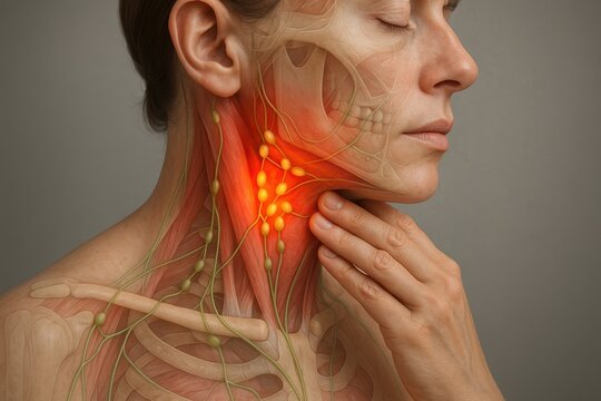 Anatomical illustration depicts a person's neck afflicted with inflamed lymph nodes. The visual communicates a state of illness.