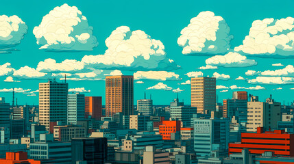 Pixel art cityscape with skyscrapers and cumulus clouds filling a vibrant teal sky