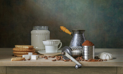 still life with objects for making coffee.