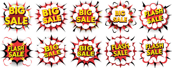 Comic Style Big Sale and Flash Sale Bursting Speech Bubbles, Red and Yellow Graphics