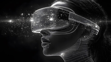 Profile of a person wearing augmented reality glasses with digital grid overlay