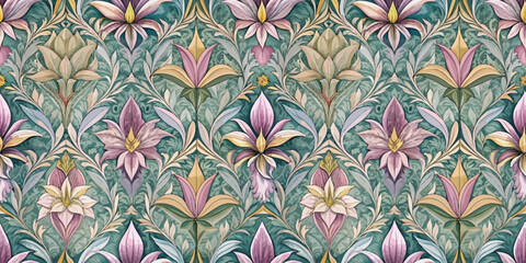 Elegant floral wallpaper pattern with intricate designs in soft pastel colors.