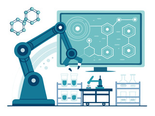 Detailed Flat Vector of AI Simulating Molecular Drug Discovery  