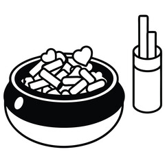 minimalistic black silhouette line-art illustration of an ashtray filled with several cigarette butts