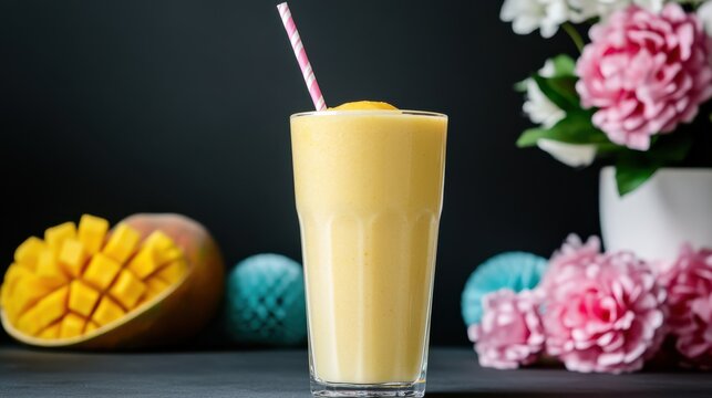 Refreshing Mango Smoothie in Glass with Pink and White Straw on Table
