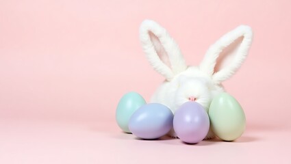 Obraz premium Decorative pastel Easter eggs and bunny ears arranged on a pink surface in a festive layout isolated on pink background