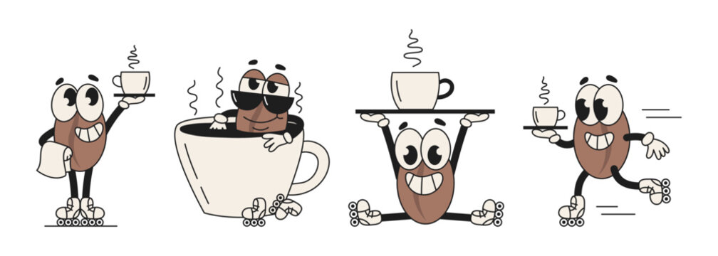 Retro set of groovy coffee character. Cup of coffee, coffee bean. Vector isolated illustration