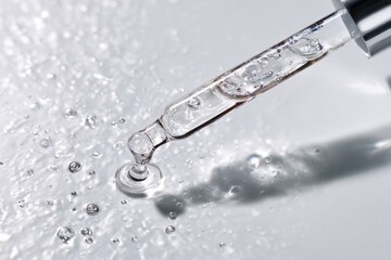 Dropper dispensing clear liquid onto a reflective surface creating small droplets around the point of contact in an abstract composition
