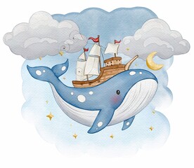 Watercolor dream whale with ship illustration © Maria