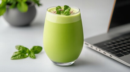 Vibrant Green Smoothie Garnished with Fresh Fruits and Mint Leaves