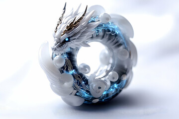 Abstract art of a white dragon circlet interwoven with circuit patterns and glowing blue accents on a light backdrop