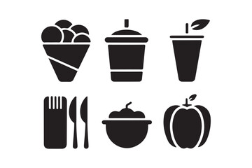 Food and Drink Icon Set Black Silhouettes of Meal, Snack, and Beverage on White Background