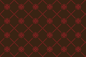 Intricate Geometric Pattern Featuring Floral Motifs and Dashed Lines on a Brown Backdrop
