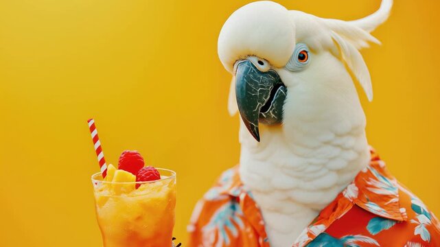 A cockatoo in a tropical shirt enjoys a refreshing cocktail on a yellow backdrop.