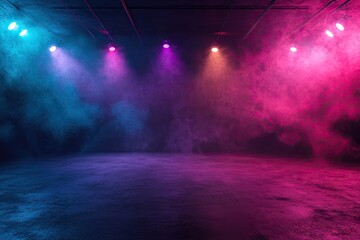 Naklejka premium Empty stage lit with vibrant colored spotlights and smoky haze