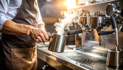 Professional Barista Preparing Coffee with Steam on Espresso Machine