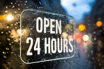 Open 24 hours sign on glass door during rainy night