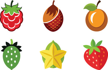 Set of six illustrated tropical fruits vector art on white background