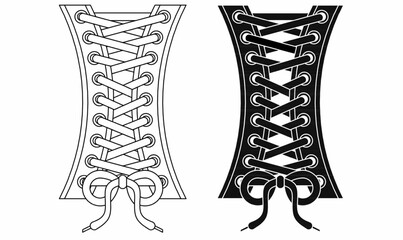 Corset lace vector illustration with front view, detailed shoelace loop design, black and white version, ideal for fashion, apparel, tailoring, or vintage themes.outline silhouette corset lace icon. 