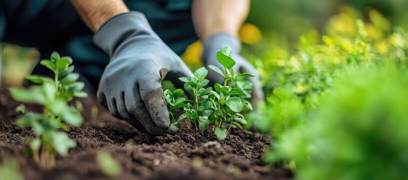 Gardening hands planting small green shrubs