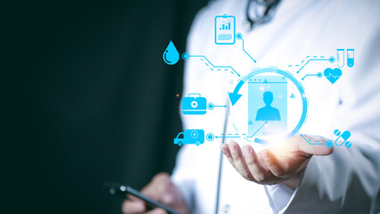 Medical technology, online health network, telemedicine concept. Doctor holding stethoscope with medical technology internet network connection, healthcare and medicine, hospital background
