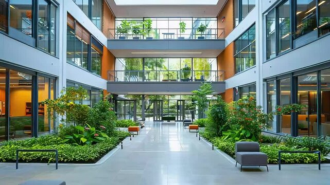Elegant atrium interior open floor indoor garden footage