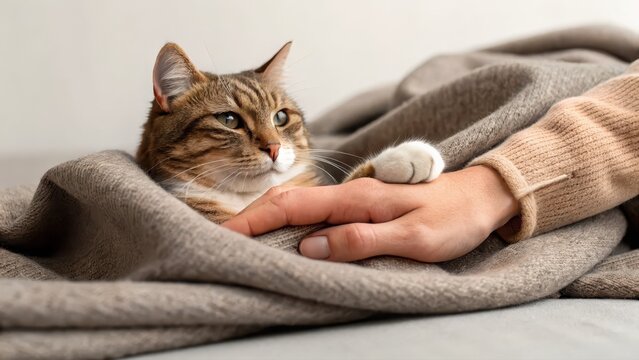 A hand gently touches a cat lying on a cozy blanket.