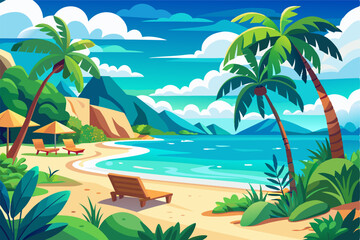 Obraz premium Tropical beach paradise with lounge chairs and palm trees.